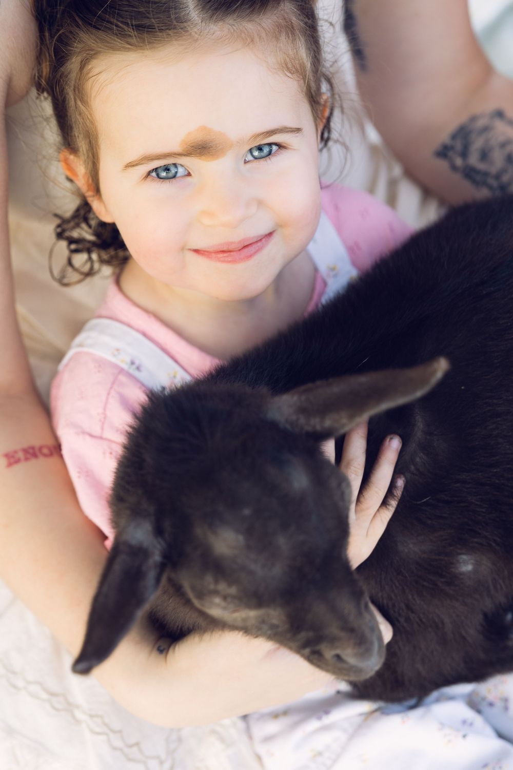 A young girl with blue eyes in a pink shirt smiles while gently petting a small black baby goat.