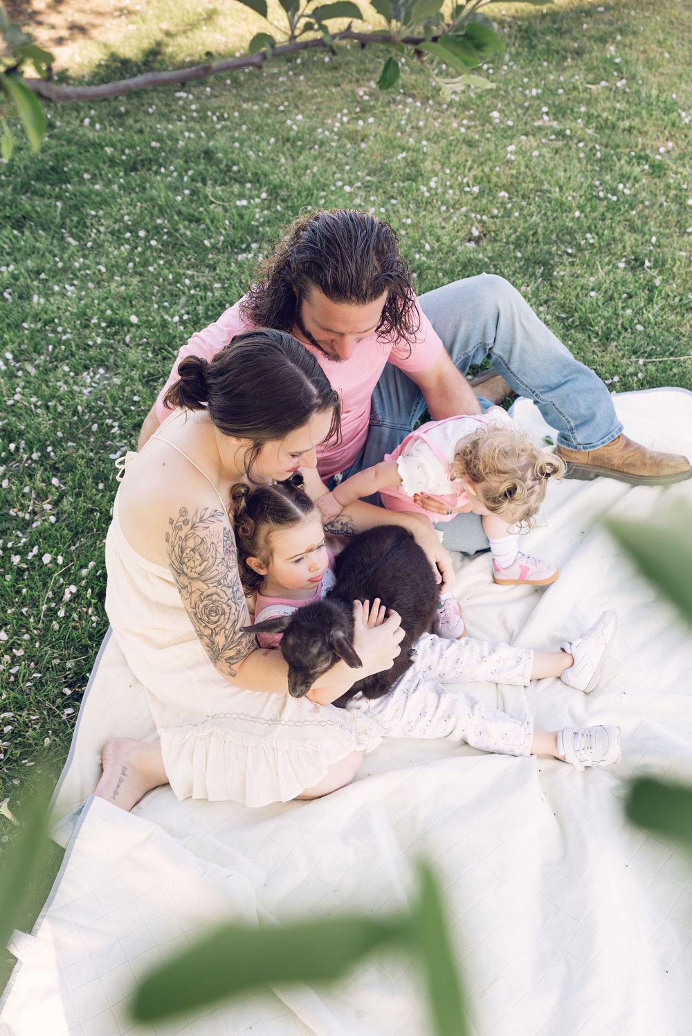 Family sitting on blanket in grass with two children and dogs enjoying outdoor picnic together.
