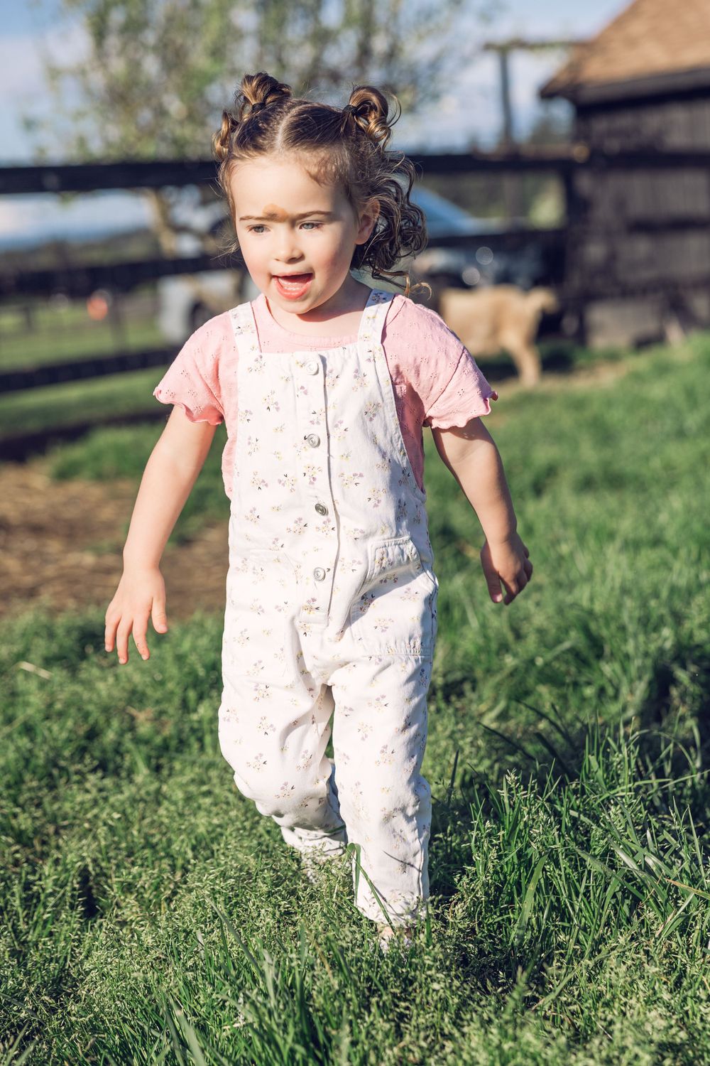 A cheerful little girl in floral overalls runs through green grass on a sunny farm.