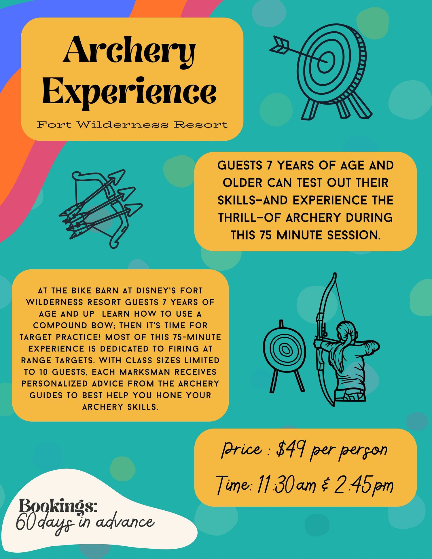Retro-styled archery activity poster featuring target and archer illustrations in yellow and teal.