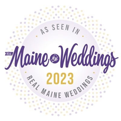 Purple and gold circular badge for Maine Weddings 2023 featuring dotted border design.