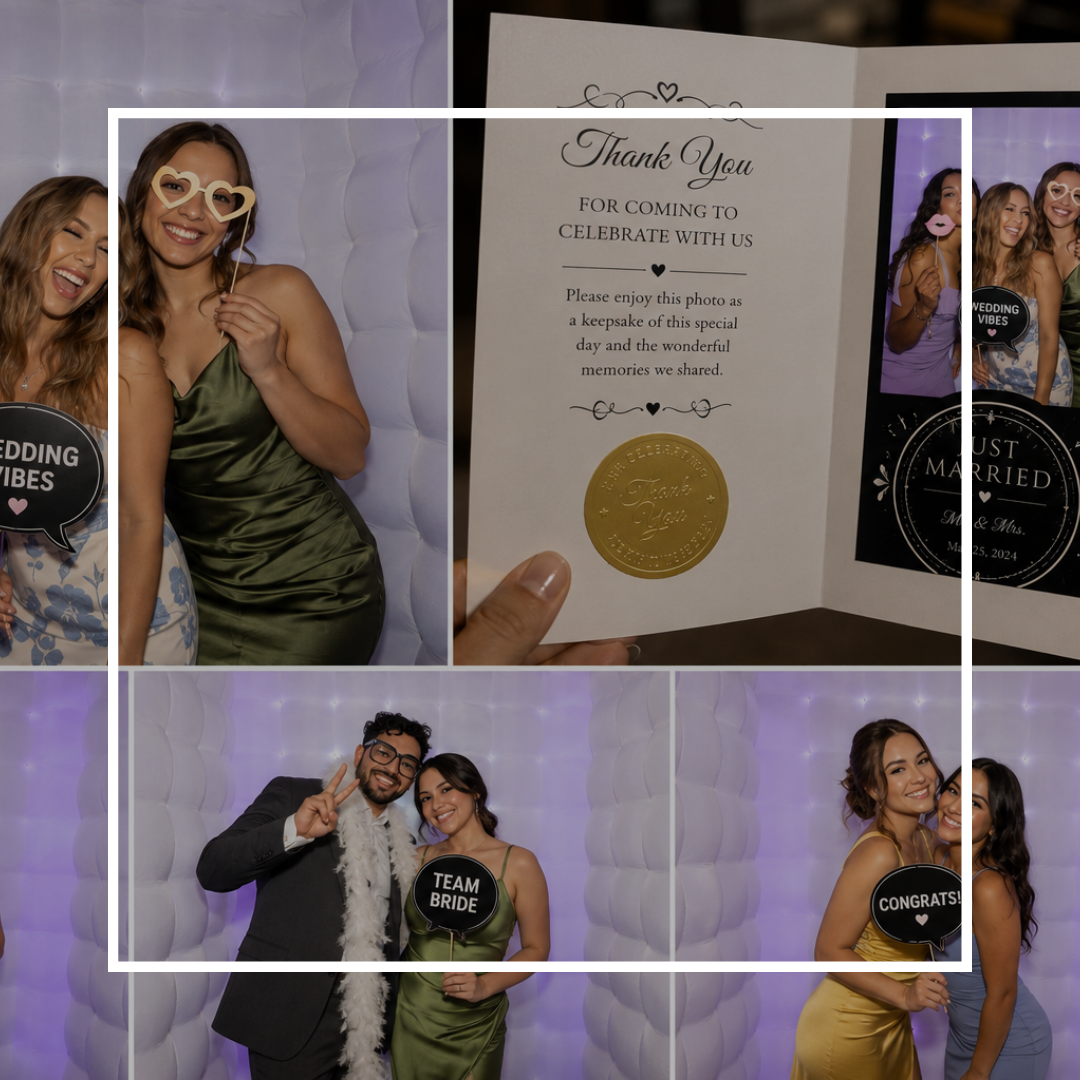 Wedding photo booth collage featuring guests posing with props, a thank you card with gold seal, and celebratory signs.