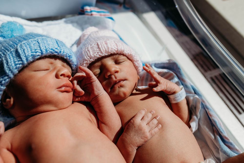 Two newborn twins in knit hats resting together in a hospital bassinet, one in blue and one in pink.
