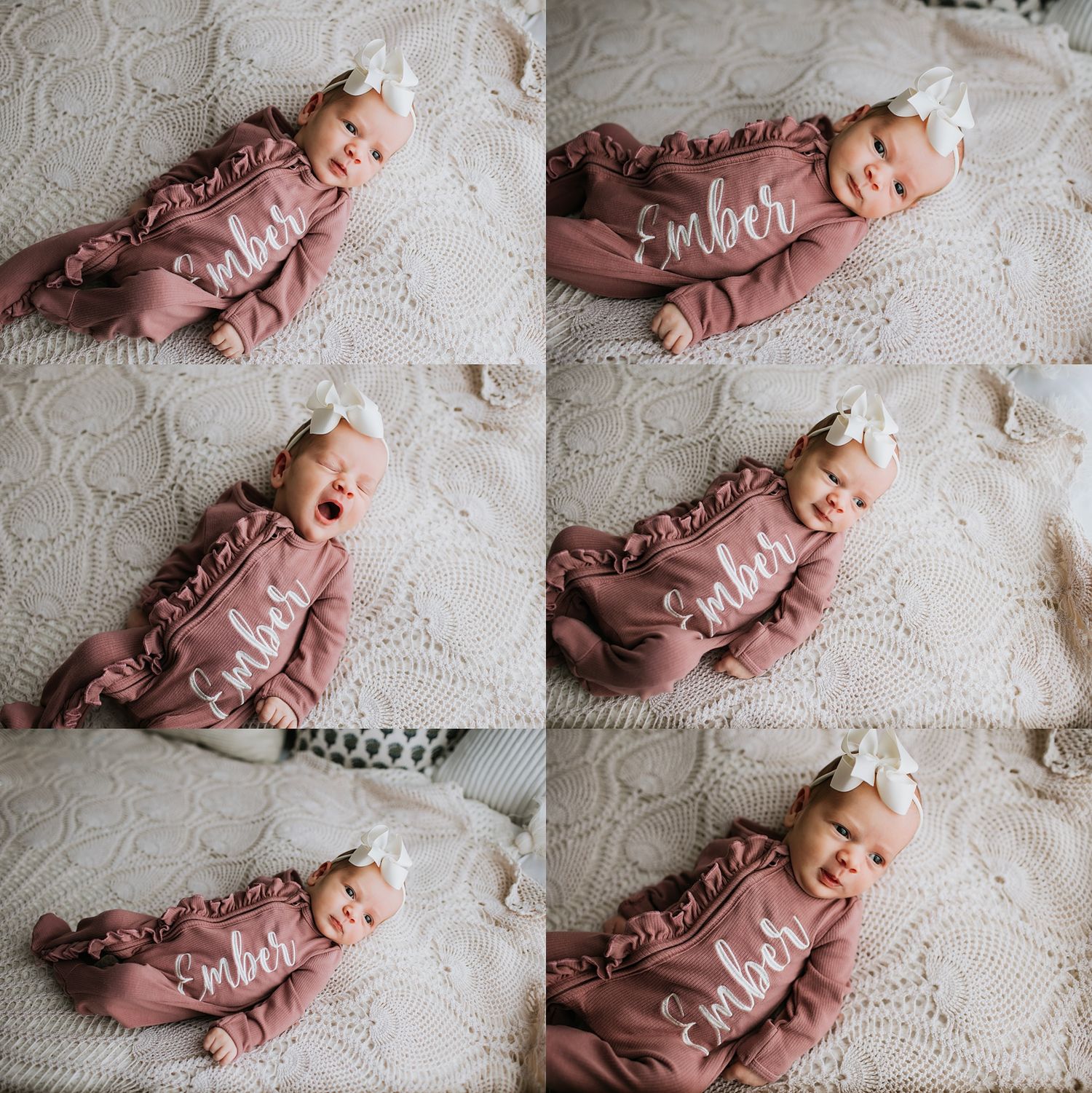 Collage of a newborn baby girl in a pink ruffle romper named Ember, lying on a cream knit blanket with a bow headband.