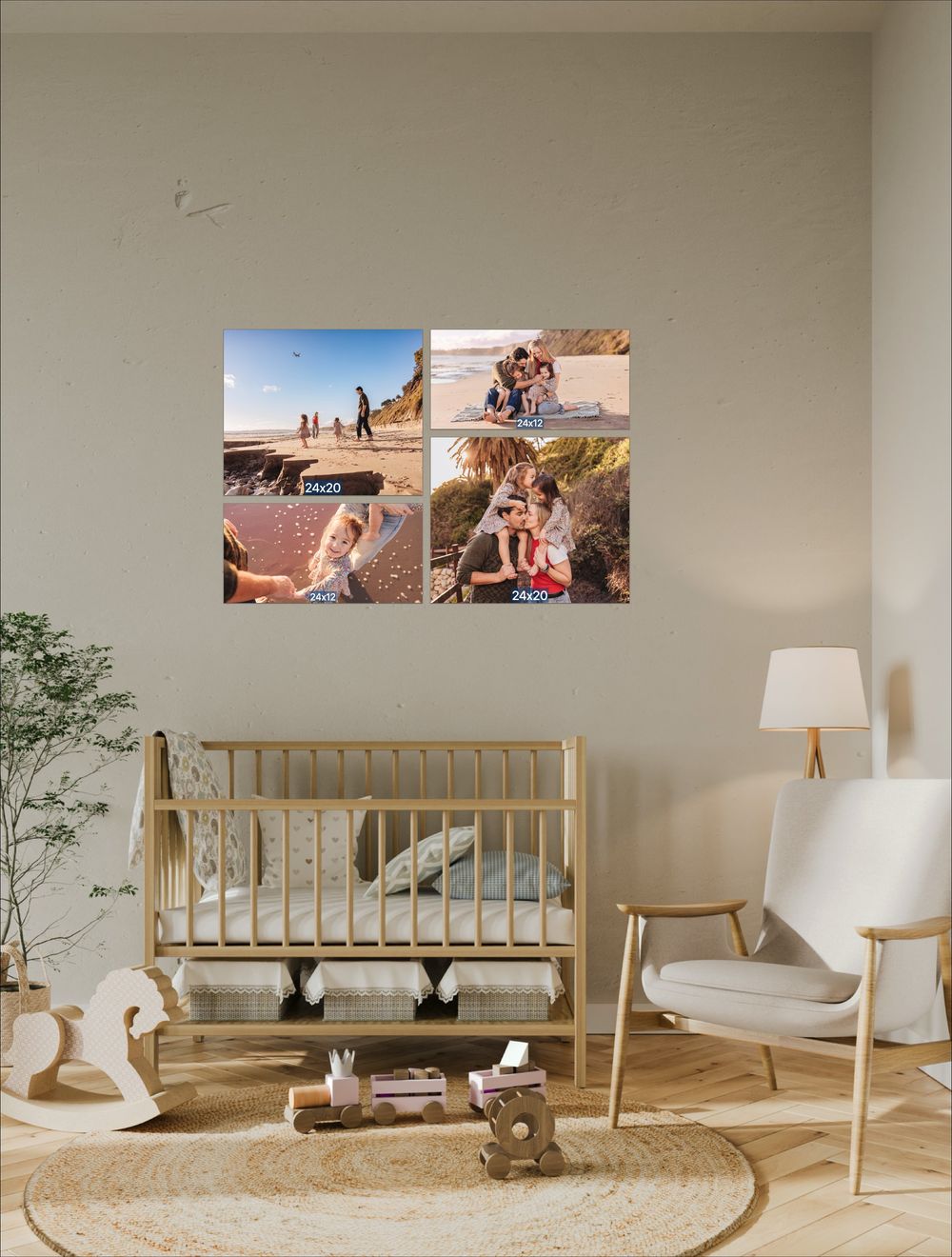 Colorful beach photo collage displayed on a nursery wall above a wooden crib in a cozy, neutral-toned baby room.