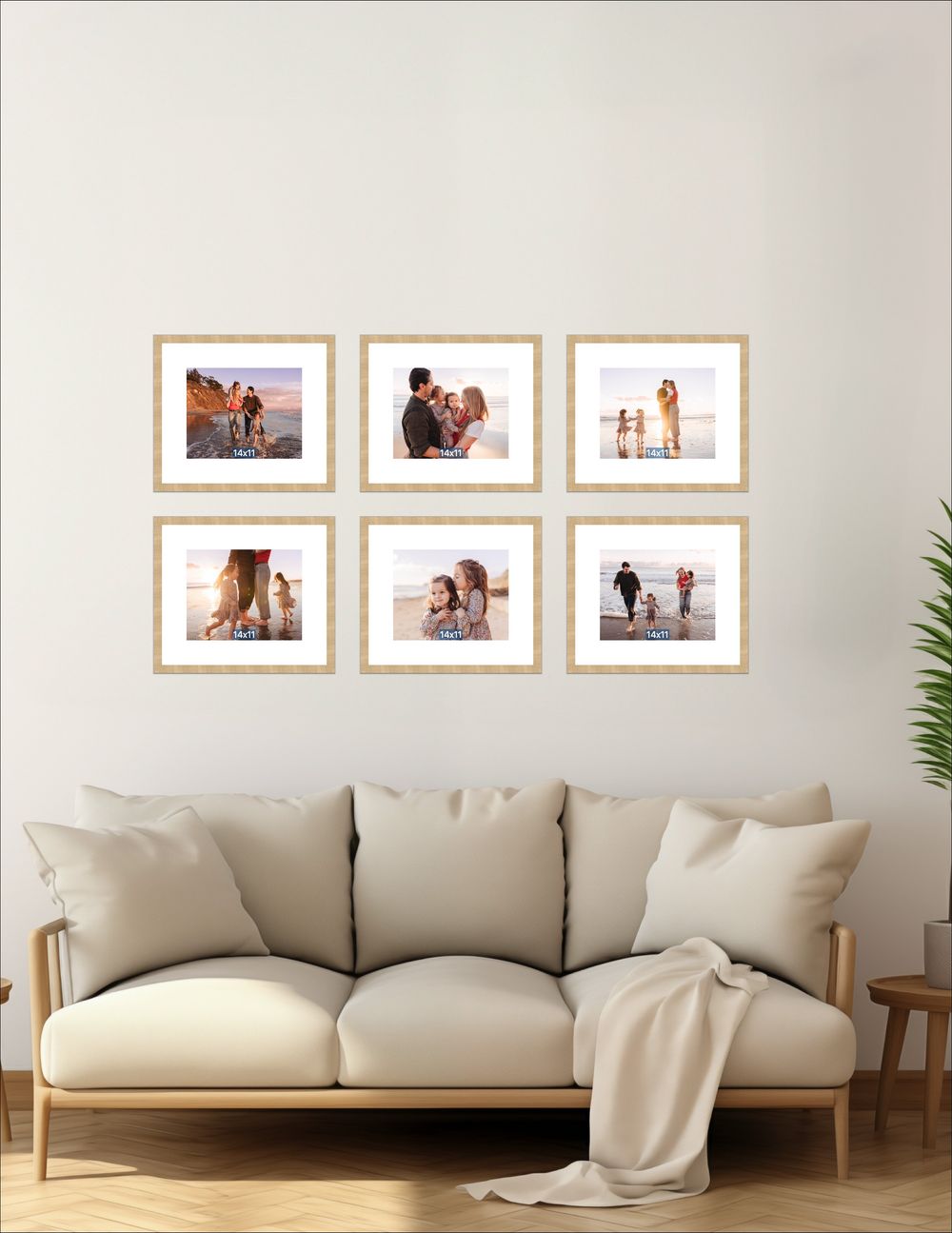 Six matching gold-framed beach family portrait photos displayed in a grid arrangement above a neutral linen sofa.