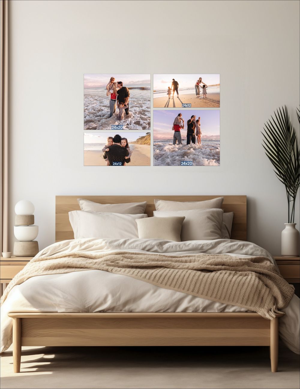 Four family beach photos displayed as canvas prints above a wooden bed in a serene, neutral-toned bedroom.