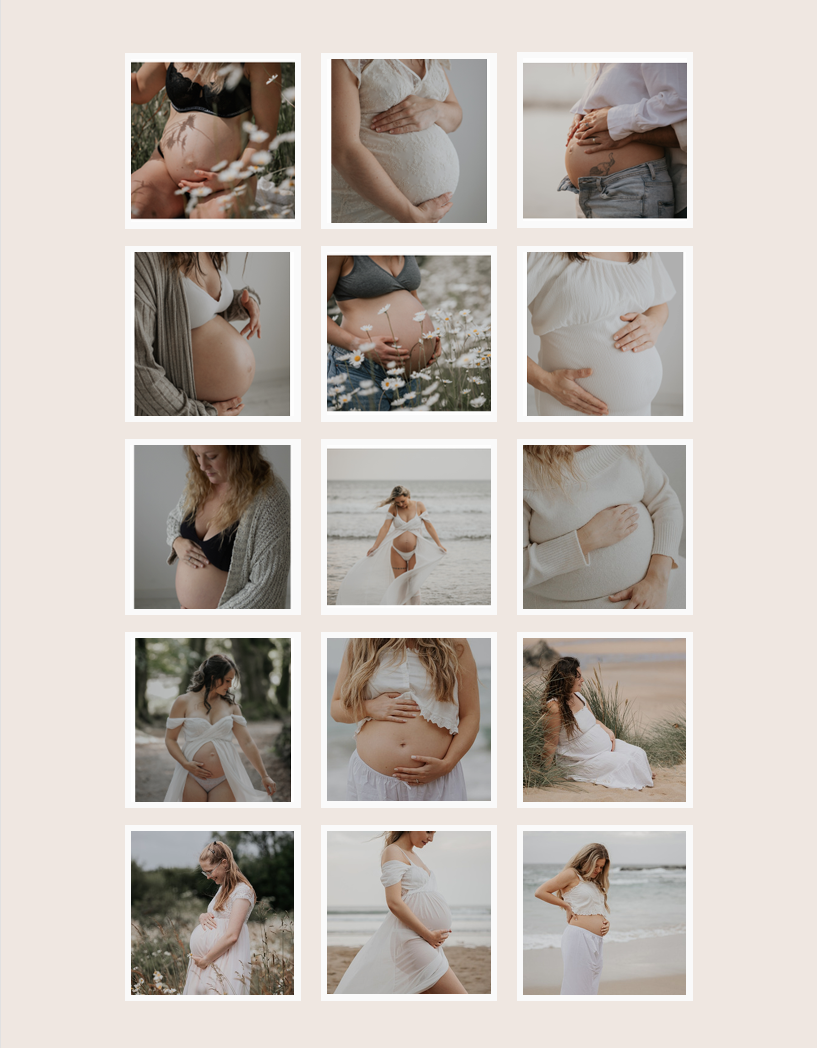 A collage of maternity photography featuring pregnant women in soft, neutral tones, posed outdoors and indoors in elegant, natural settings.