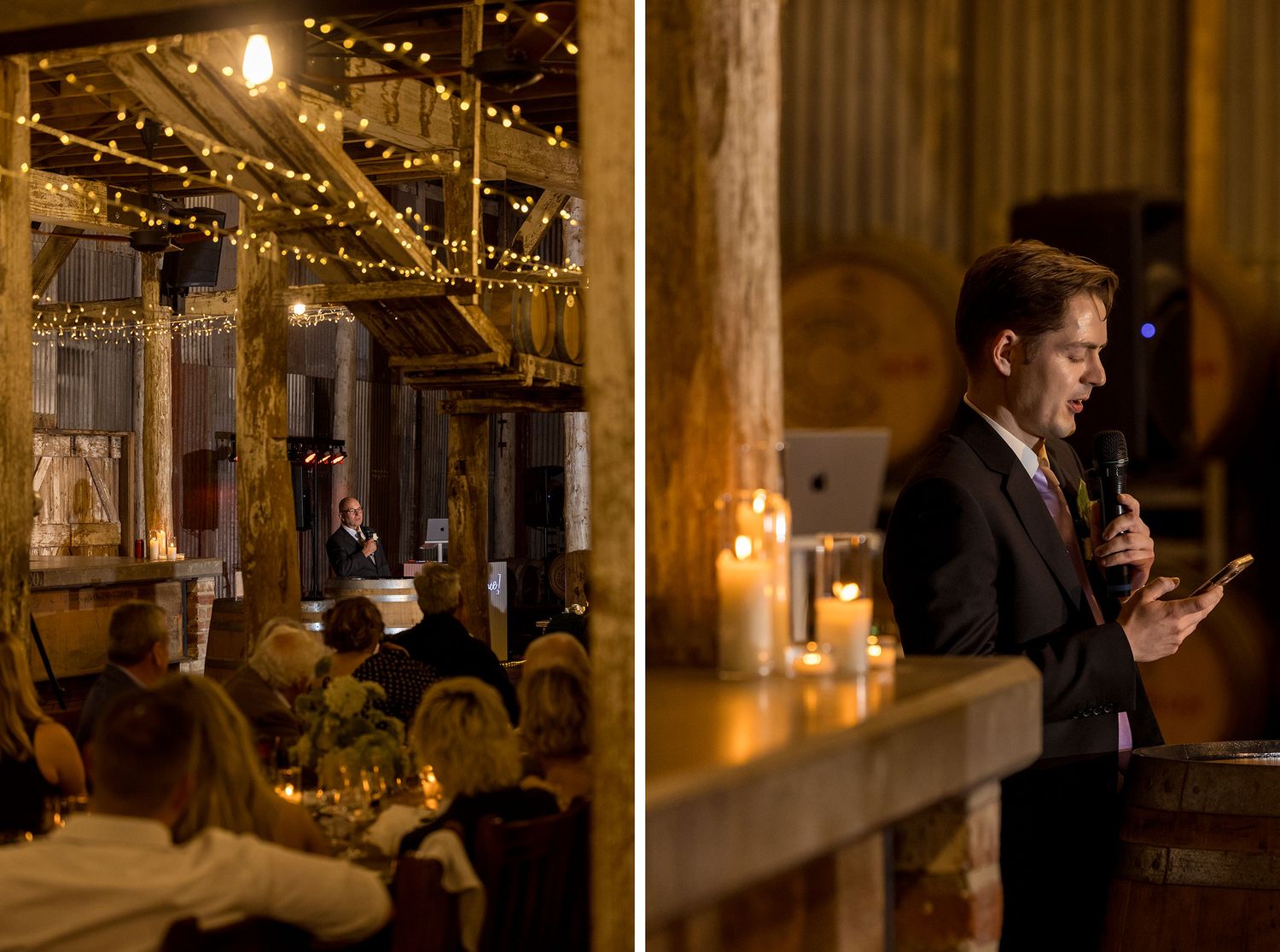 A Father of the Groom and Best Man gives his speech leaning on a wooden wine barrel in a candlelit rustic venue at the Corowa Distilling Co.