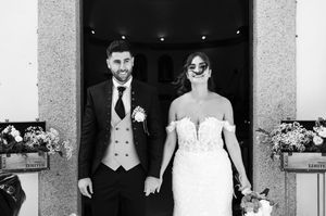 Series of black and white photos showing wedding party entering through doorways.