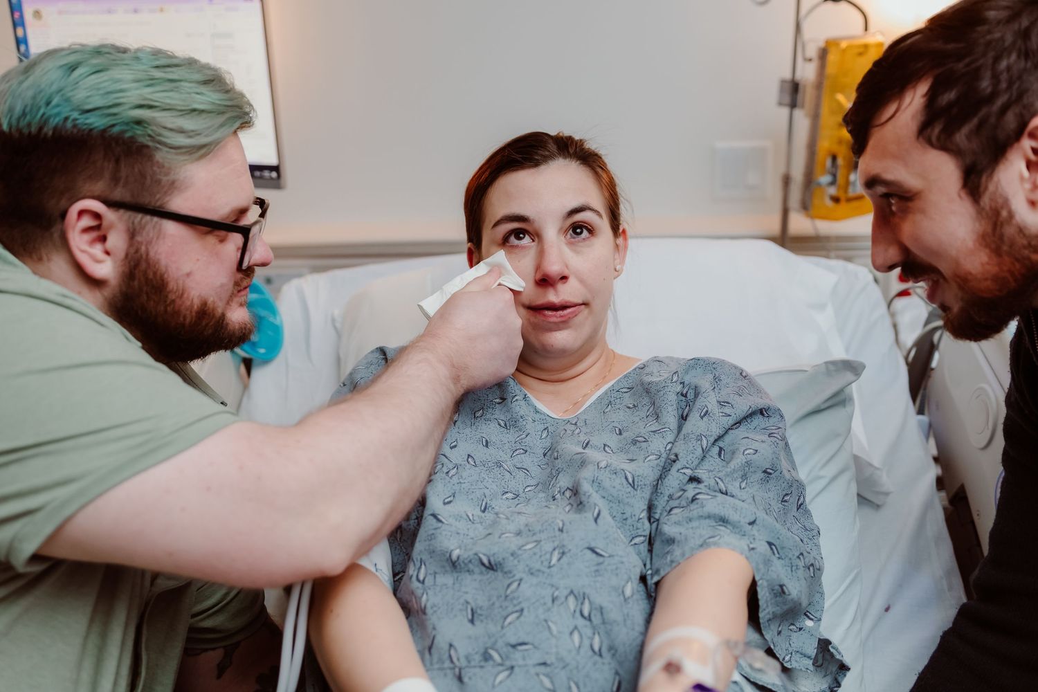 A series of images showing someone receiving a dental examination and treatment in a modern medical office setting.