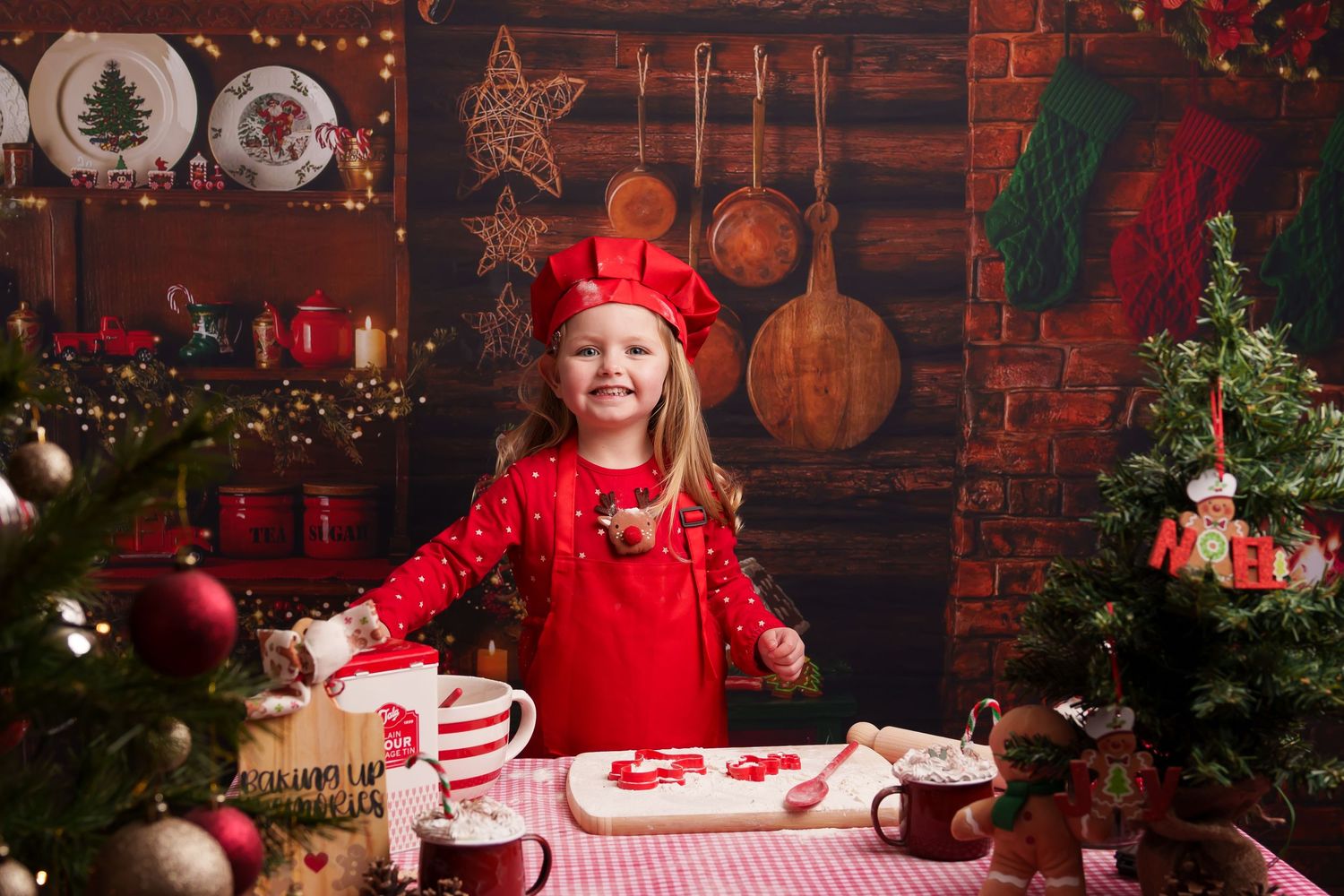 Festive holiday scene with traditional decorations and Christmas figures in conversation.