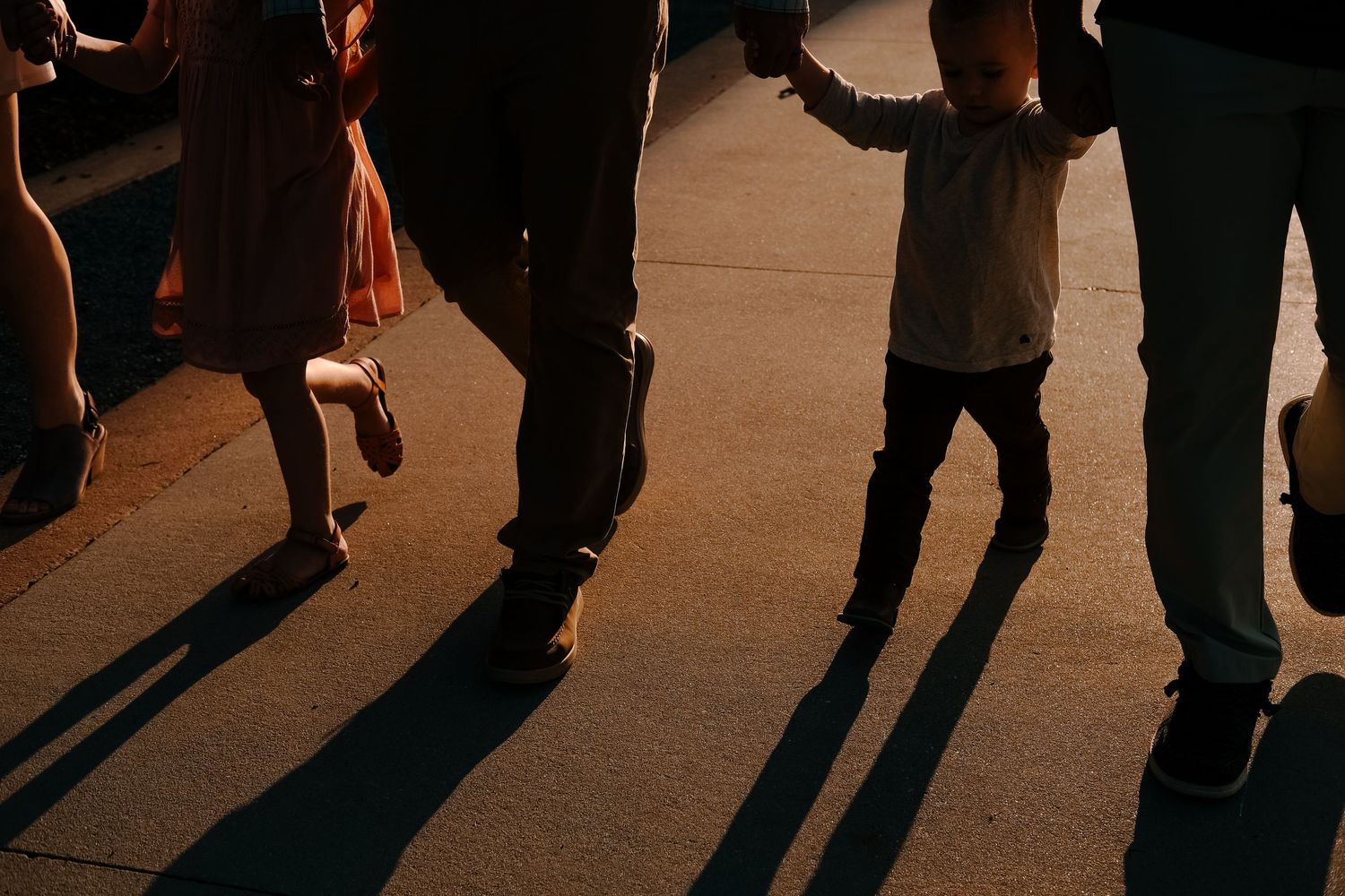 shadows of a family walking at sunset family photos Lafayette
