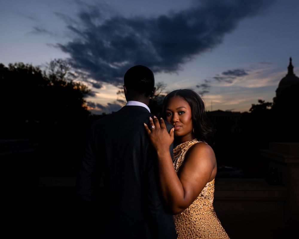 A series of dramatic sunset portraits featuring a figure in a sparkly gold dress against darkening evening skies.