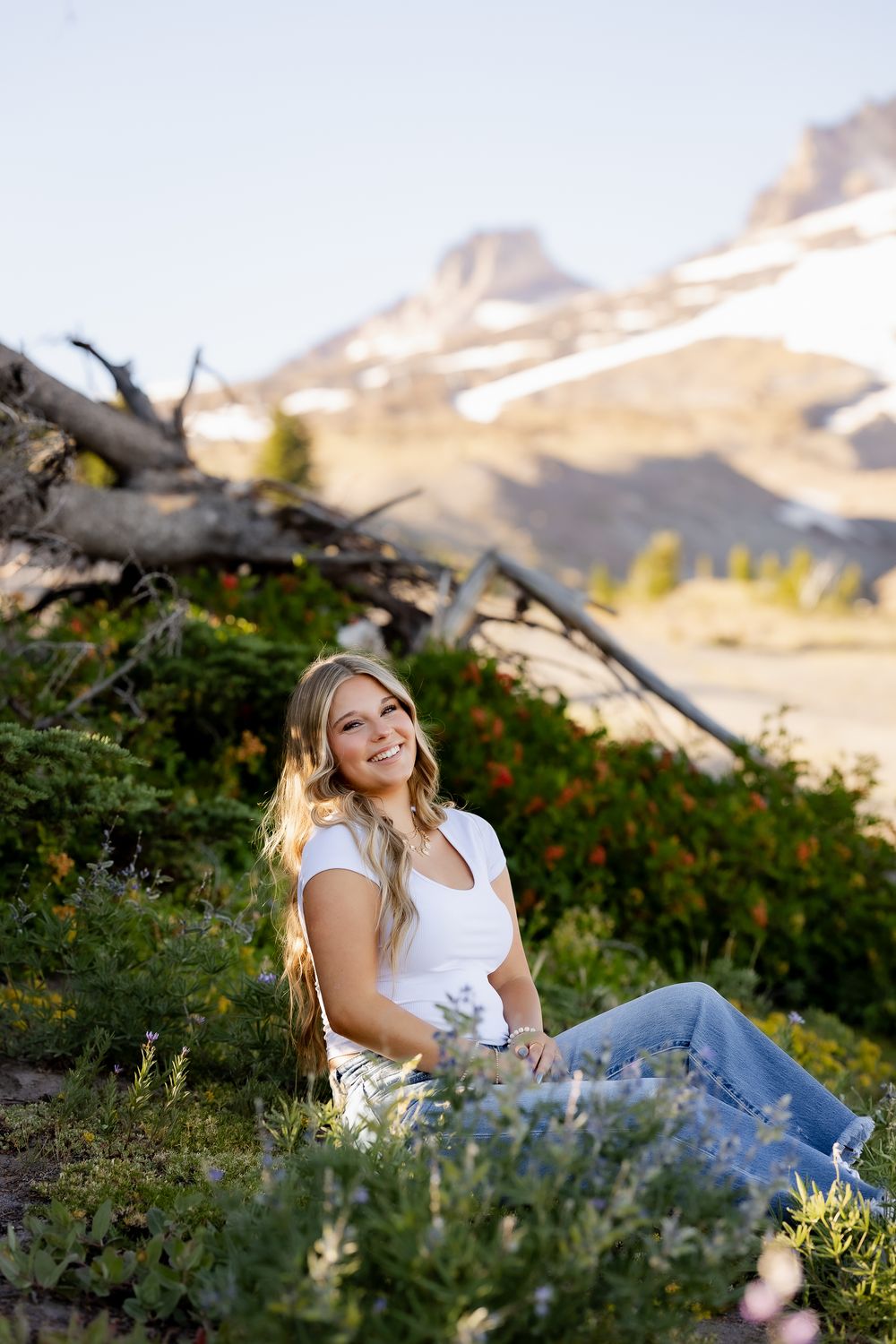 Outdoor photo shoot against mountain backdrop with wildflowers and natural scenery.