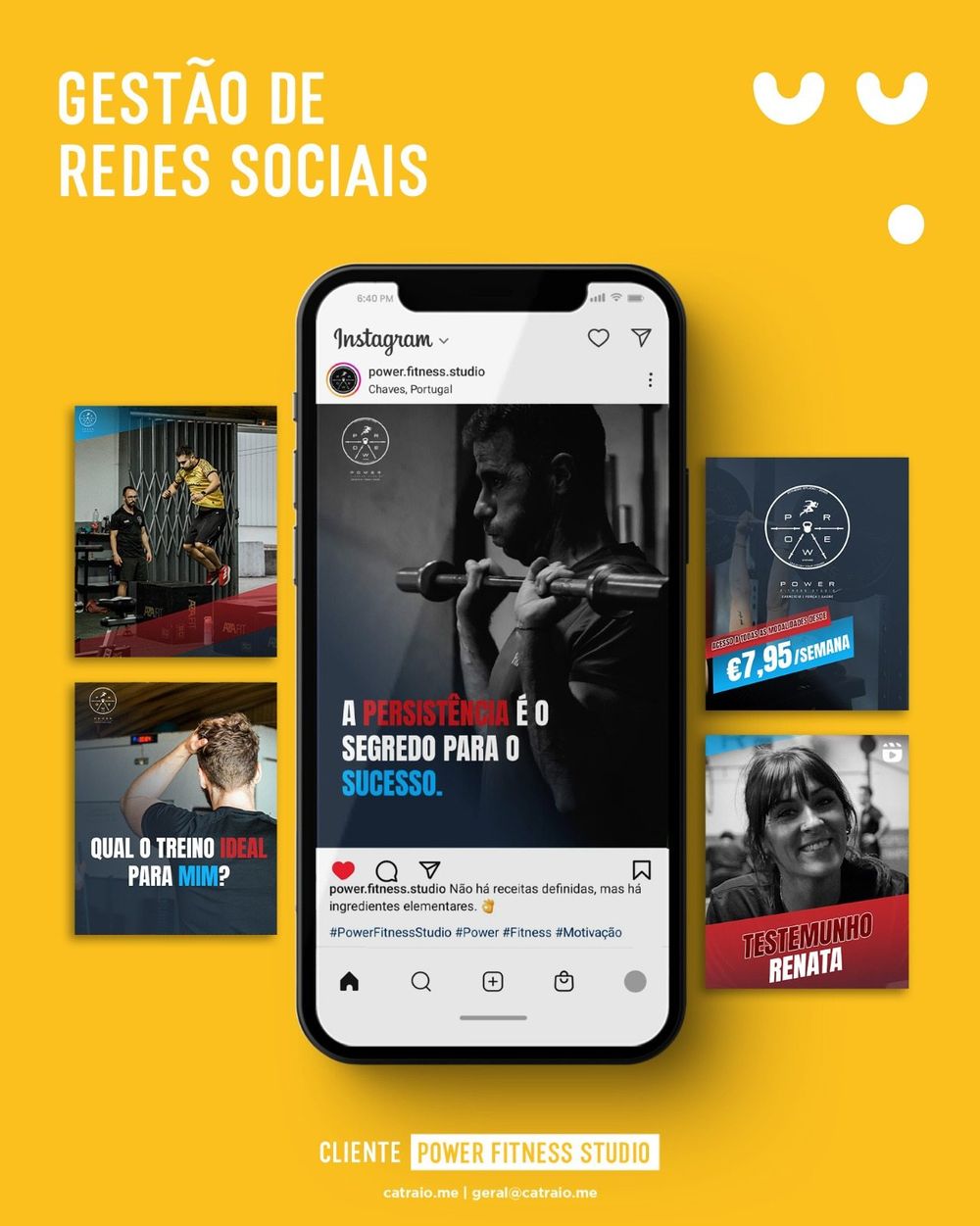 Social media management portfolio showcasing fitness content on yellow background.