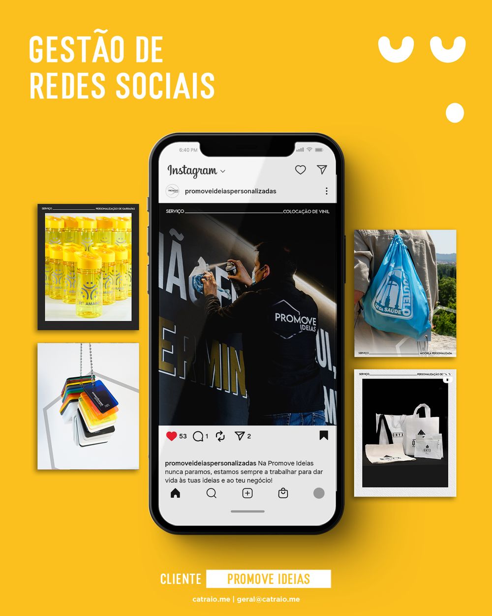 Instagram social media management display with multiple product photos on yellow background.