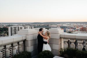 Scenic rooftop view of an urban cityscape at sunset with modern buildings in the background.