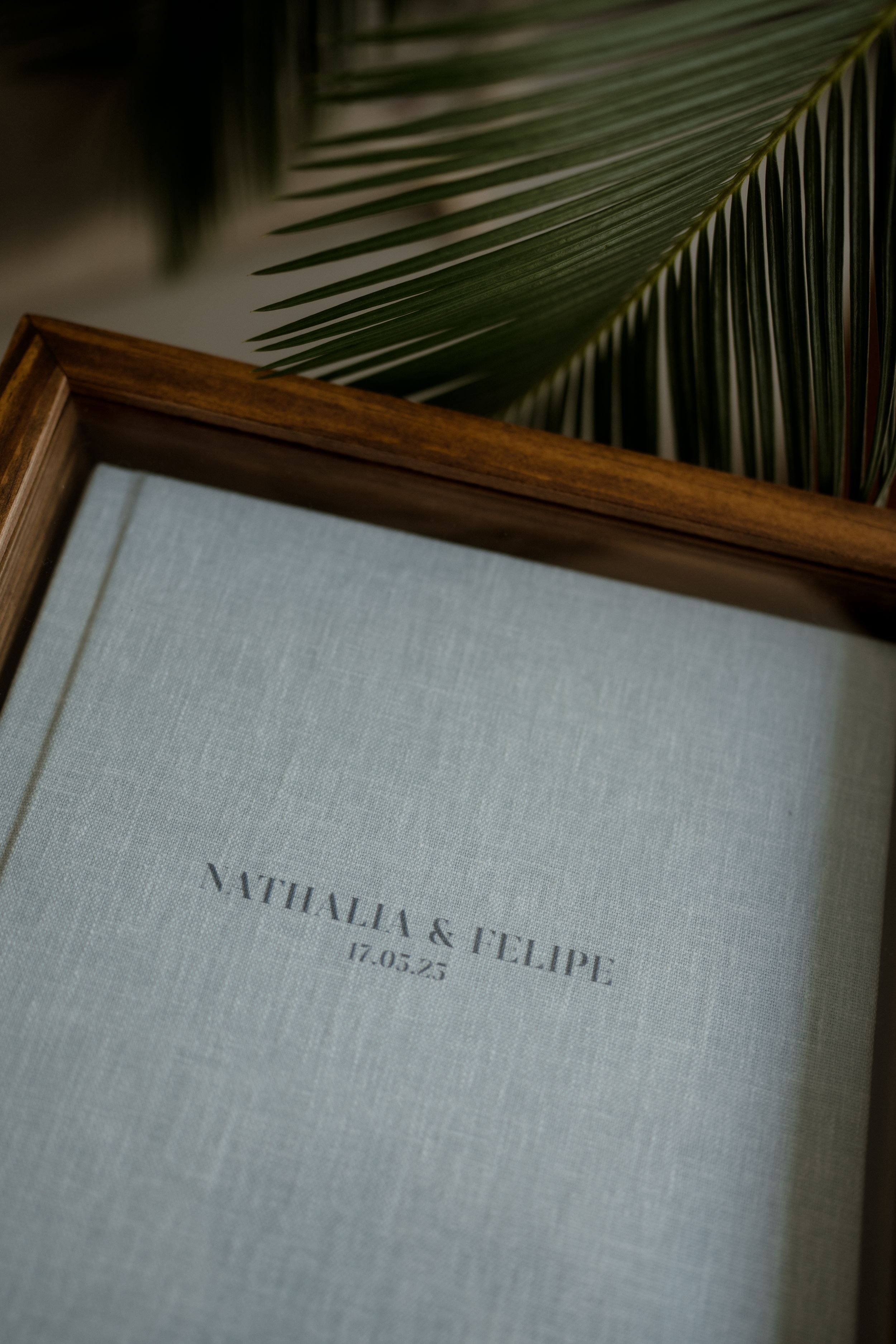 Close-up shots of a wedding album page showing text gradually appearing with palm frond shadows.