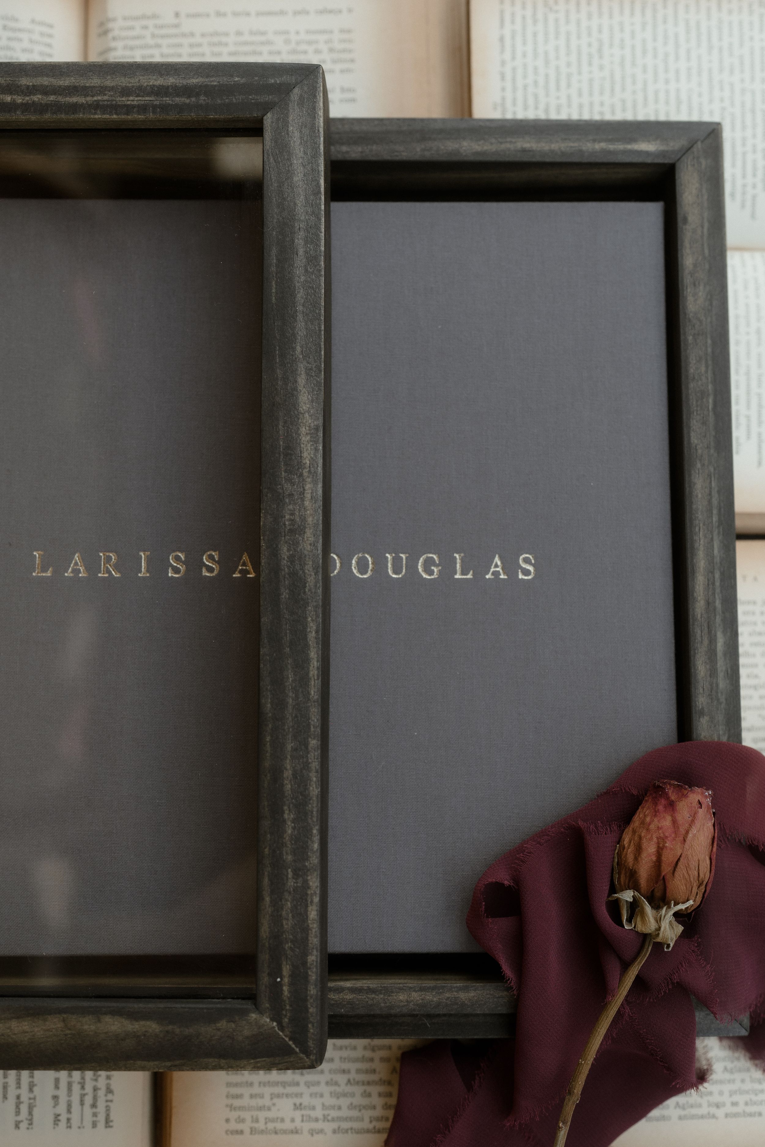 A series of dark gray frames showing text 'LARISSA DOUGLAS' in gold lettering against a black background.