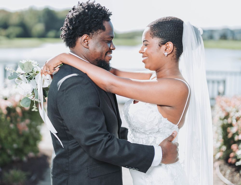A romantic wedding photo collage showing joyful moments between newlyweds dancing and embracing outdoors.
