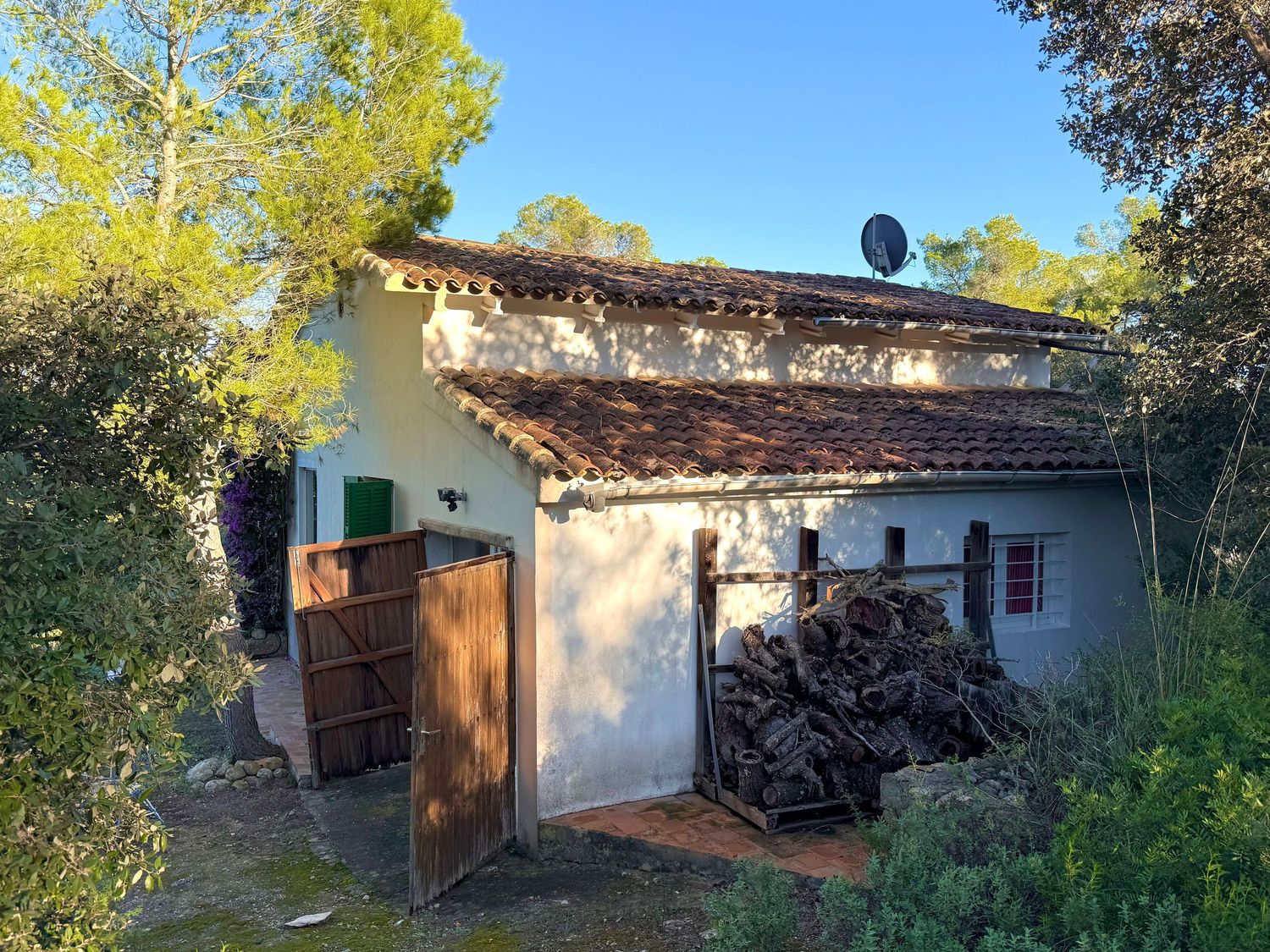 Seven connected photos show a rustic white adobe building with green trim and tiled roof surrounded by trees and vegetation.