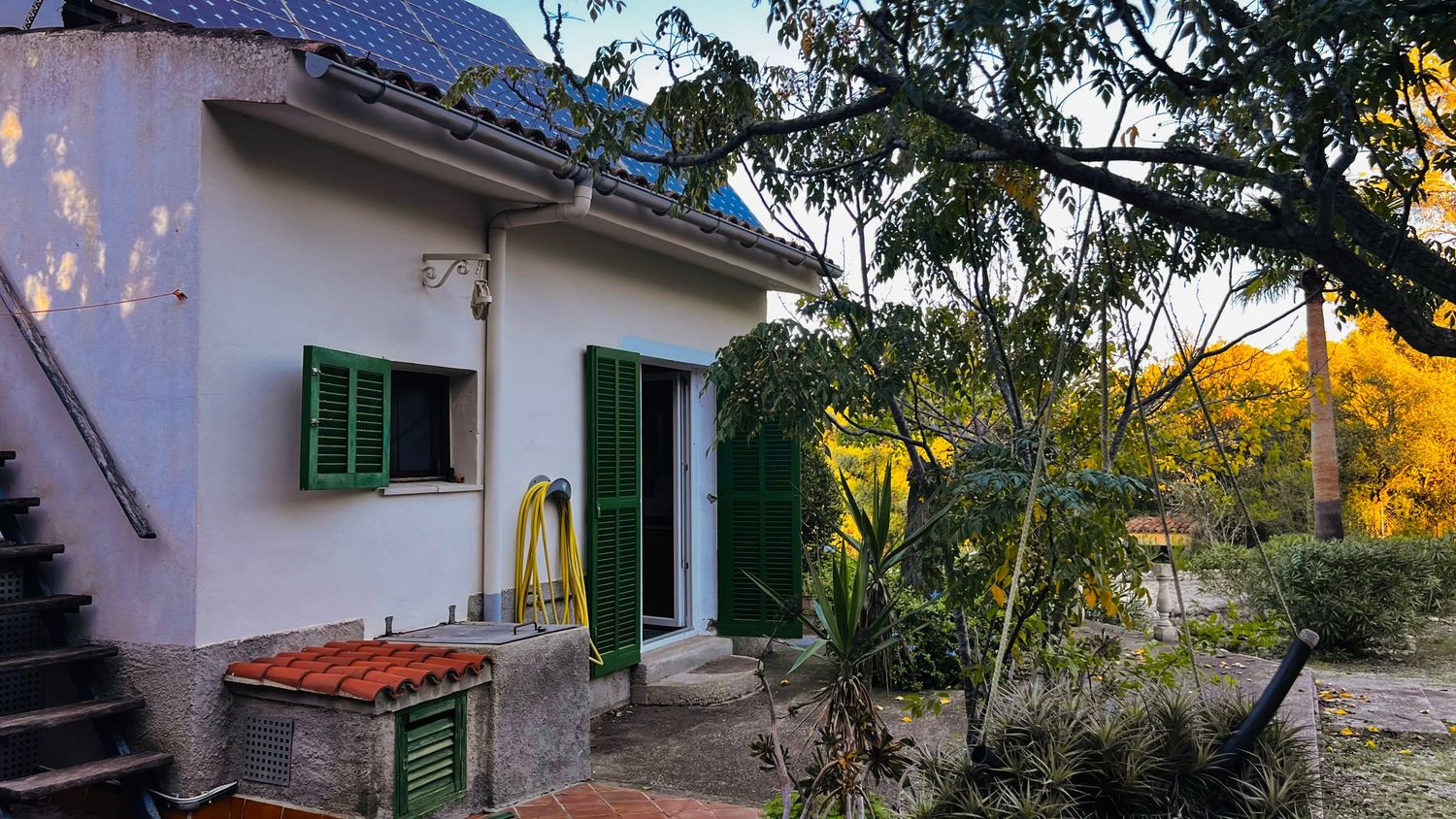 A panoramic exterior shot of a white house with green shutters surrounded by trees at dusk.