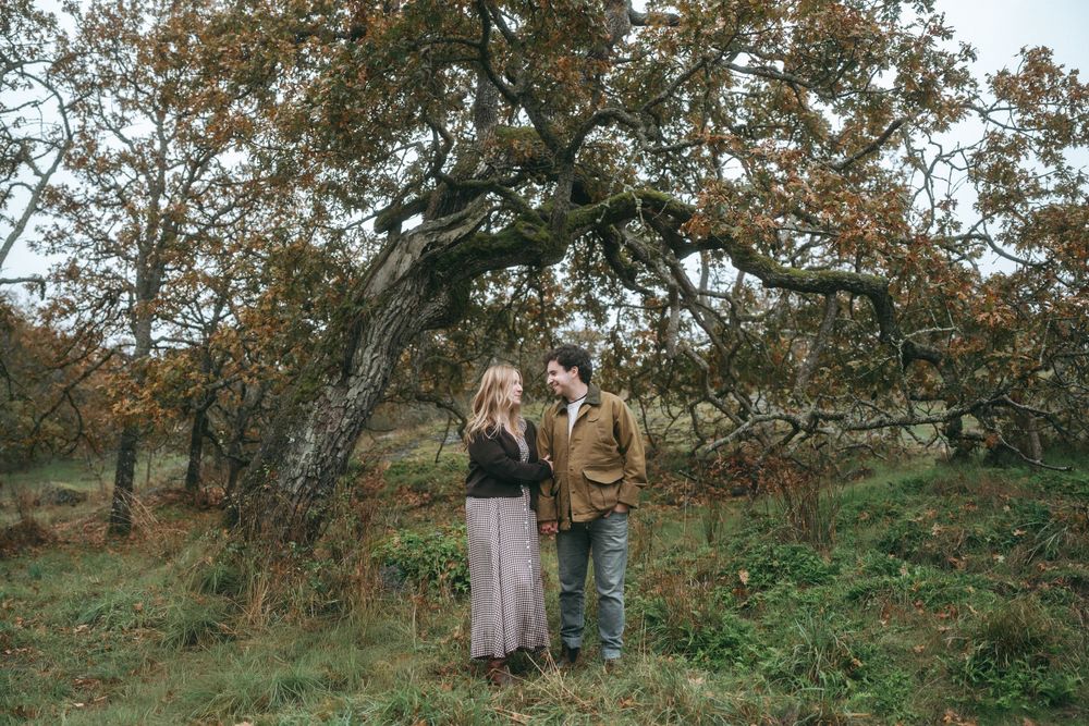 People stand beneath autumn trees in a park setting while enjoying the fall foliage and natural surroundings.