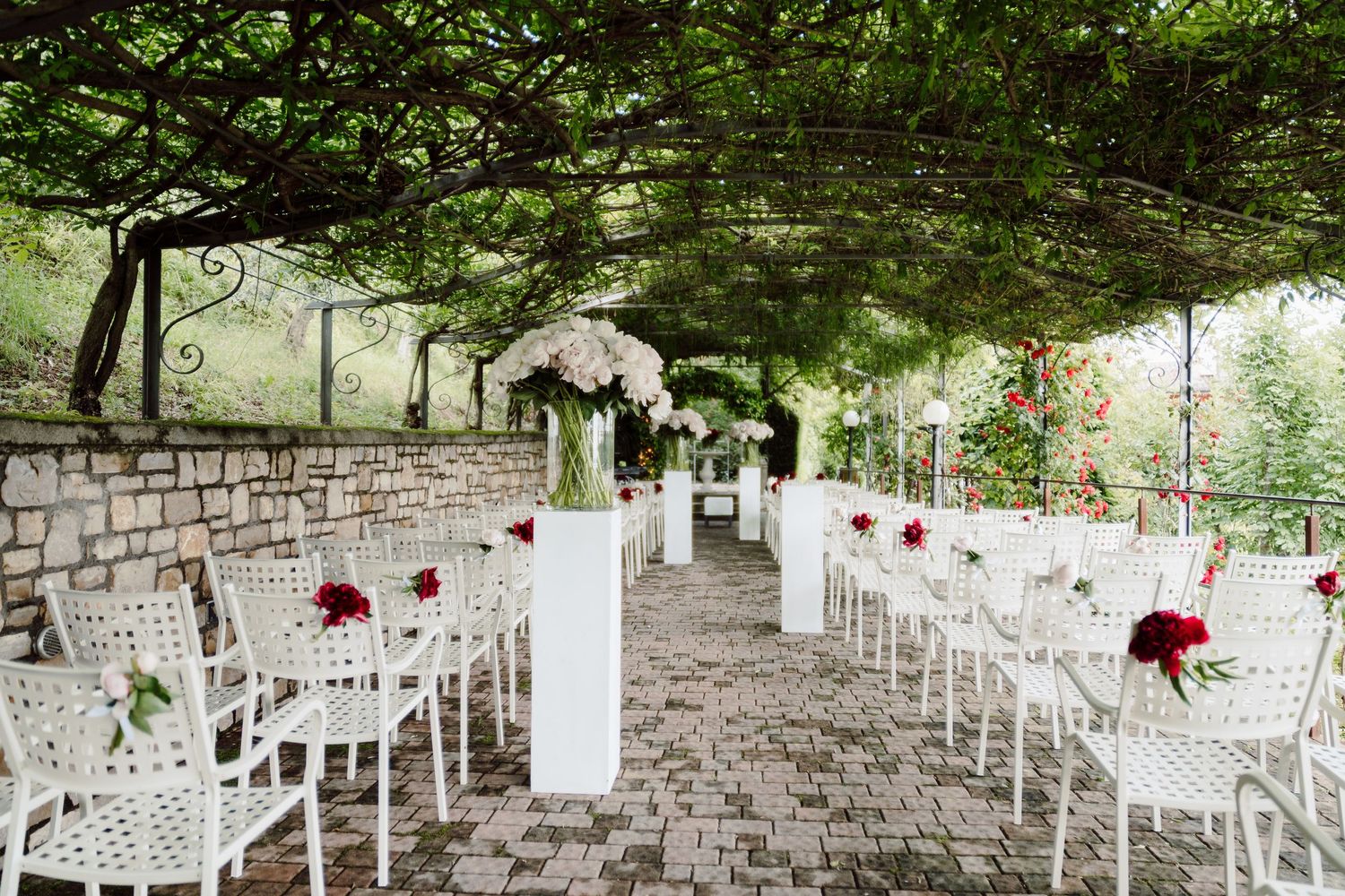Elegant outdoor wedding ceremony setup with white chairs and floral arrangements under vine pergola.
