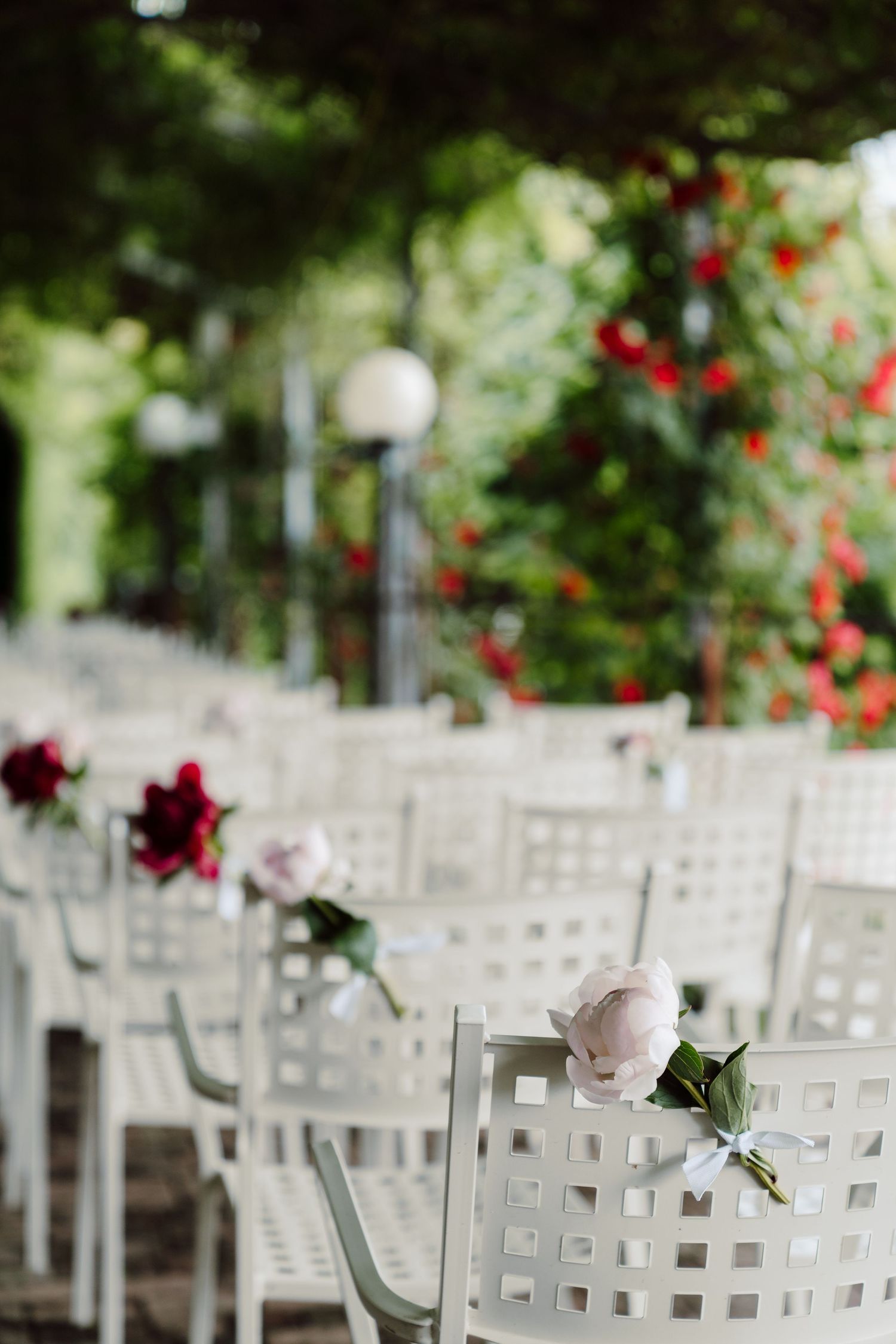 White lattice chairs decorated with pink and red peonies at an outdoor garden wedding ceremony.
