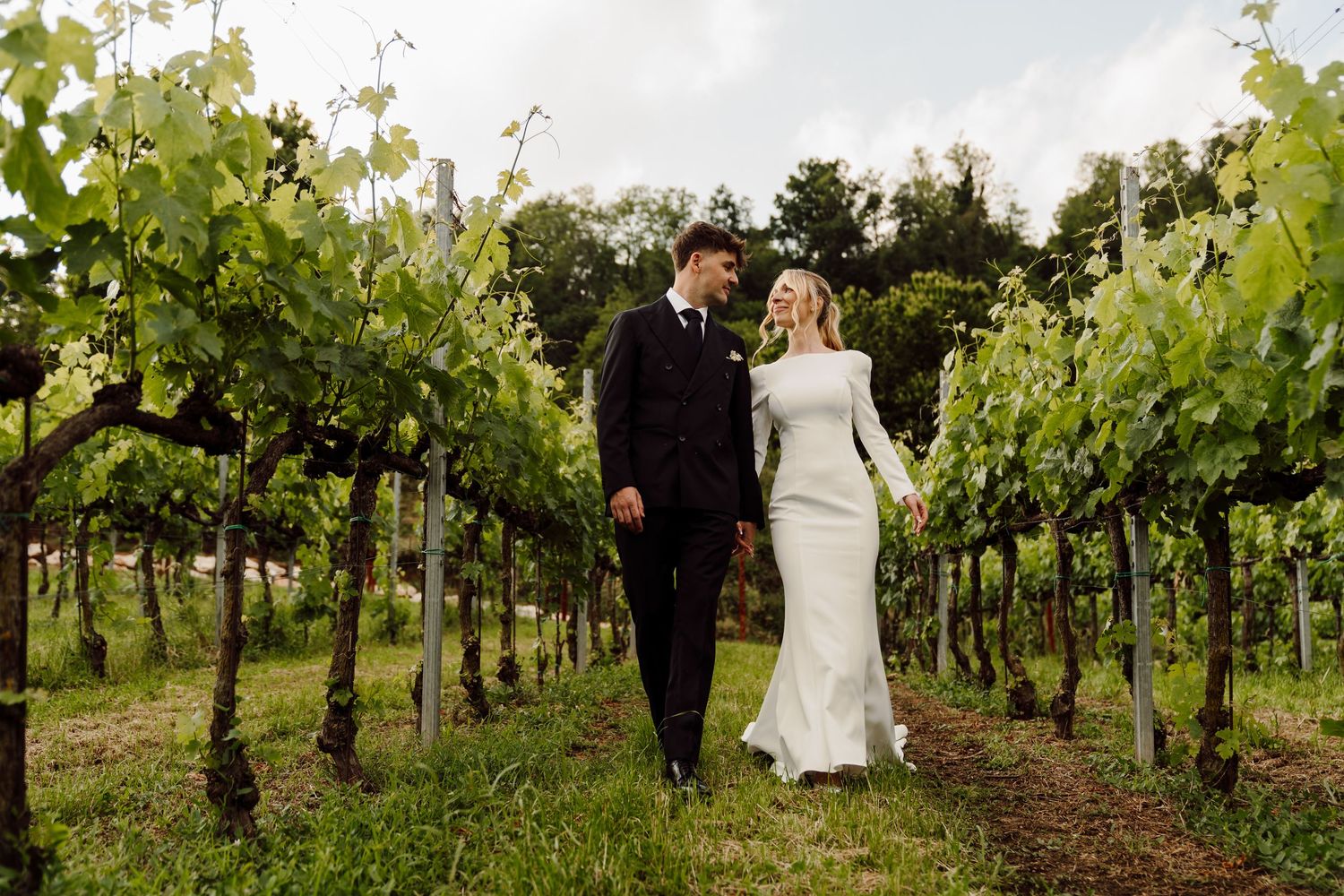 Elegant couple in wedding attire walking together through rows of grapevines on their wedding day.