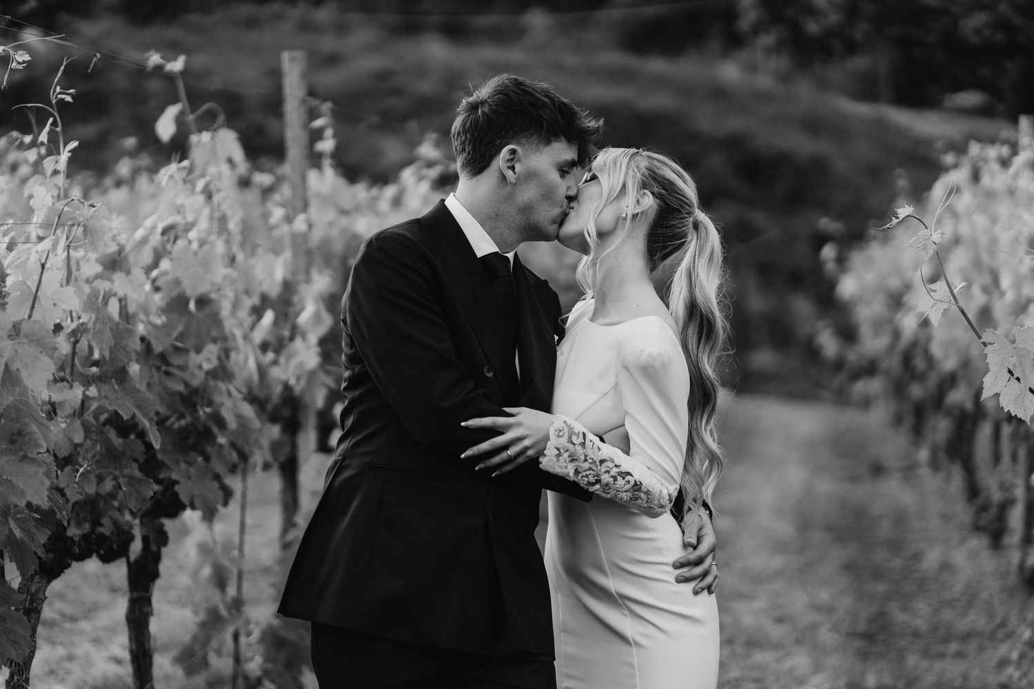 Black and white romantic kiss between bride and groom surrounded by vineyard grapevines.