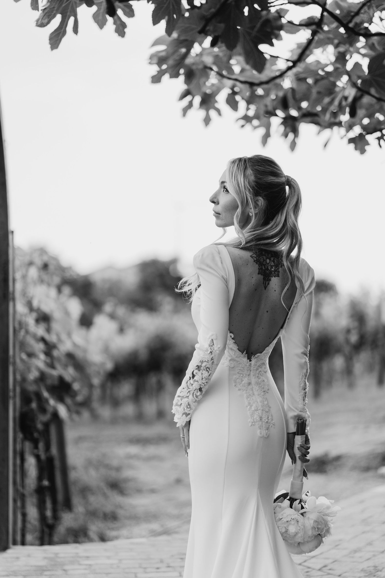 Black and white rear view of bride in open-back lace wedding gown holding bouquet in vineyard.