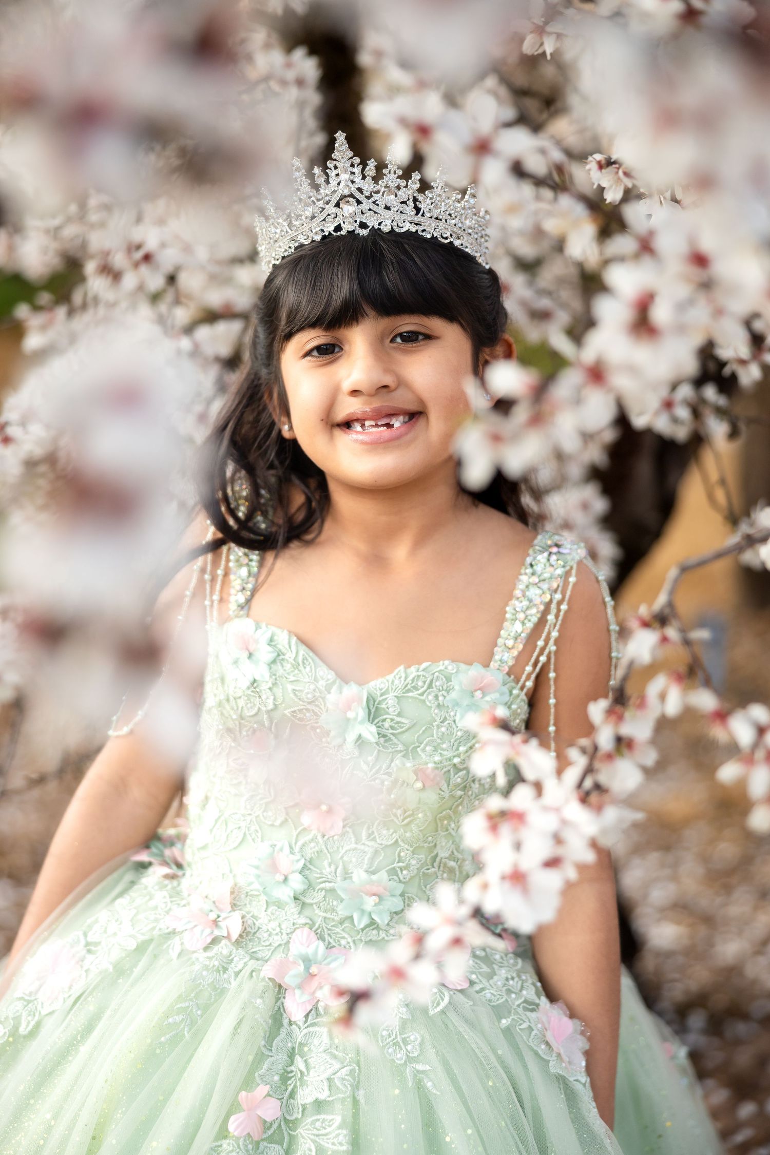 A child wearing a sparkly mint green princess dress and tiara poses among blooming cherry blossom branches.