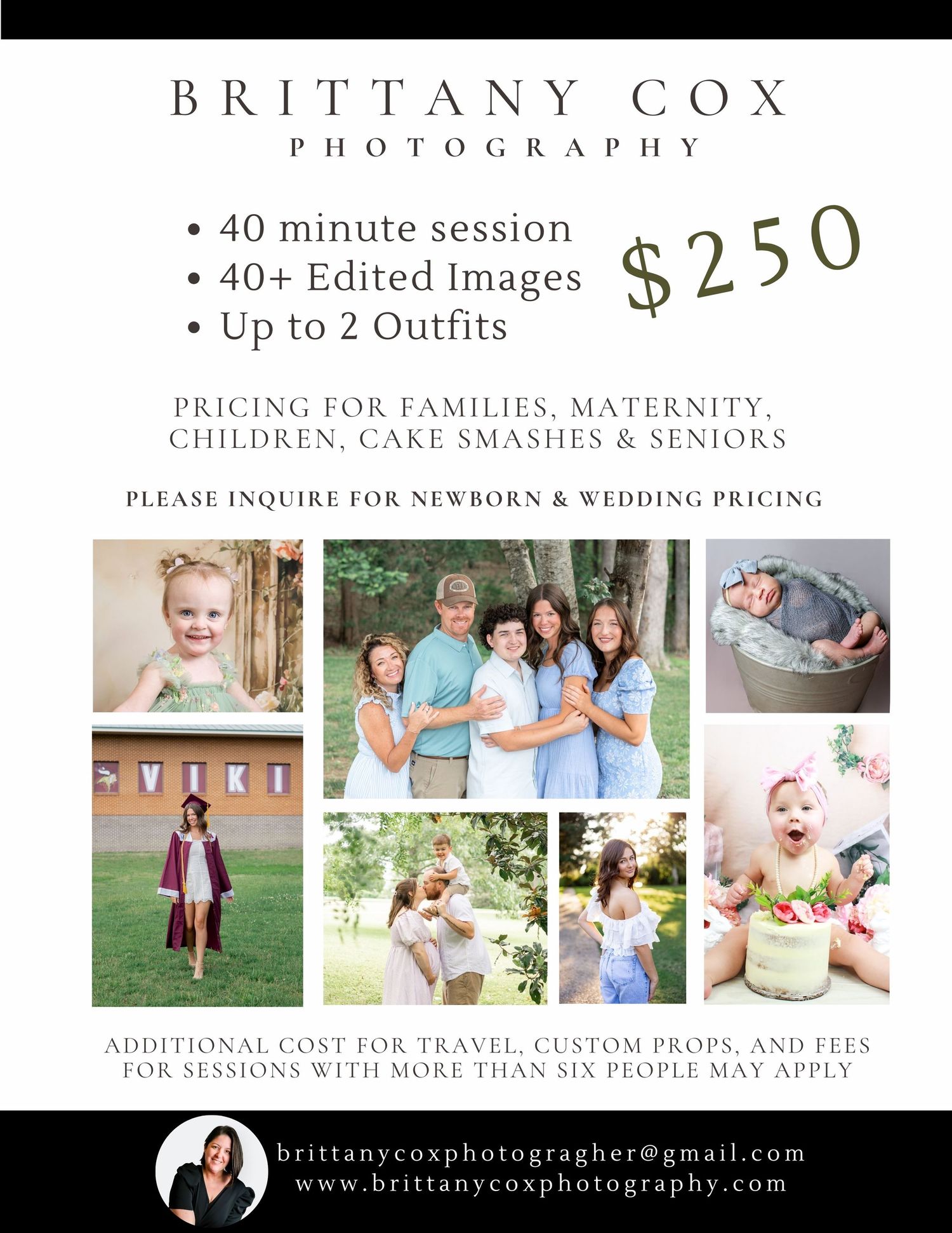 Photography pricing guide showing sample family photos and session details.