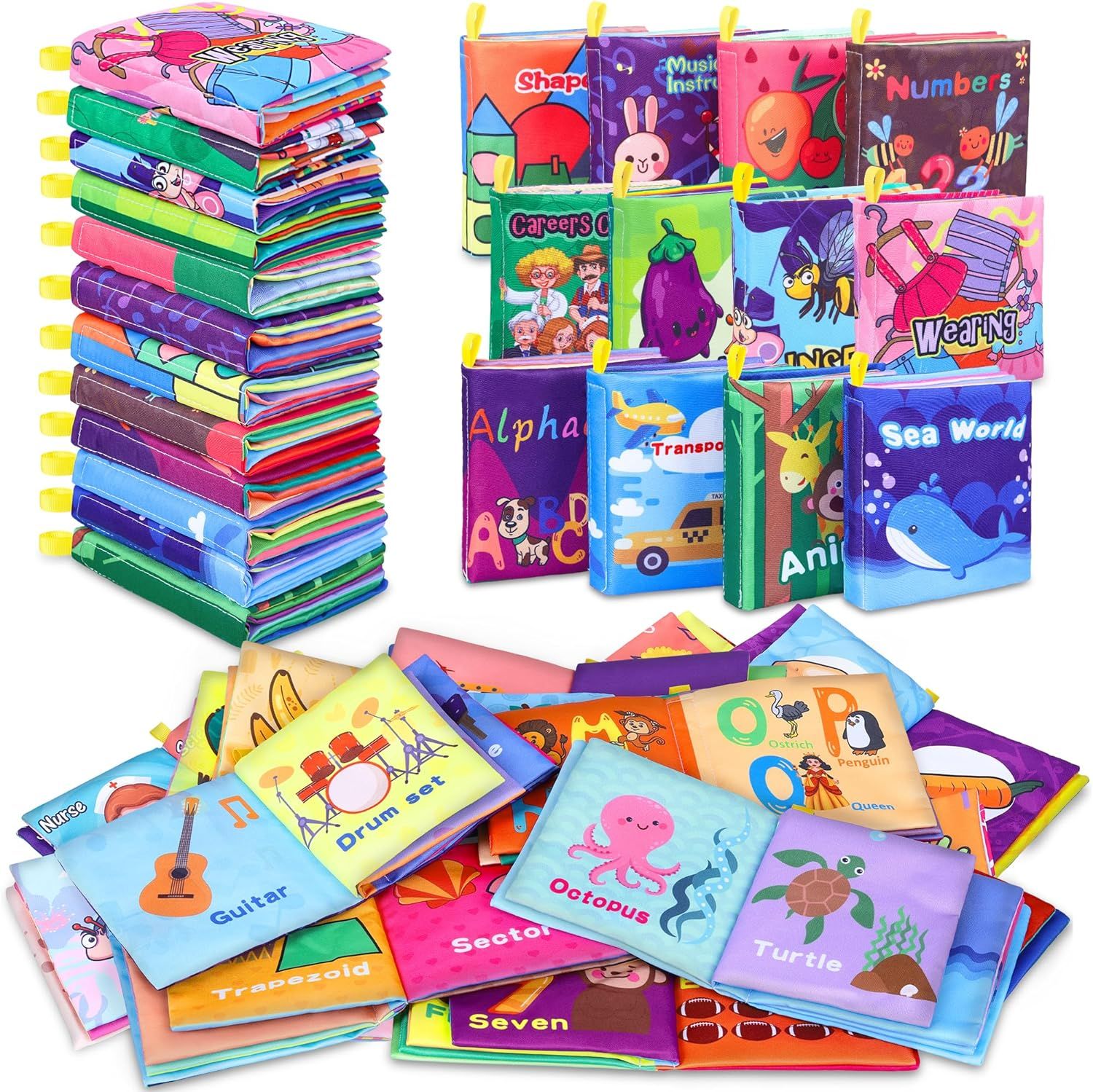 Colorful collection of children's books stacked and spread out showing vibrant covers and educational themes.
