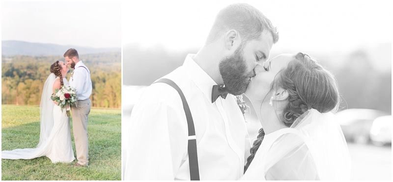 Side-by-side wedding portraits in rustic outdoor setting with mountain views.
