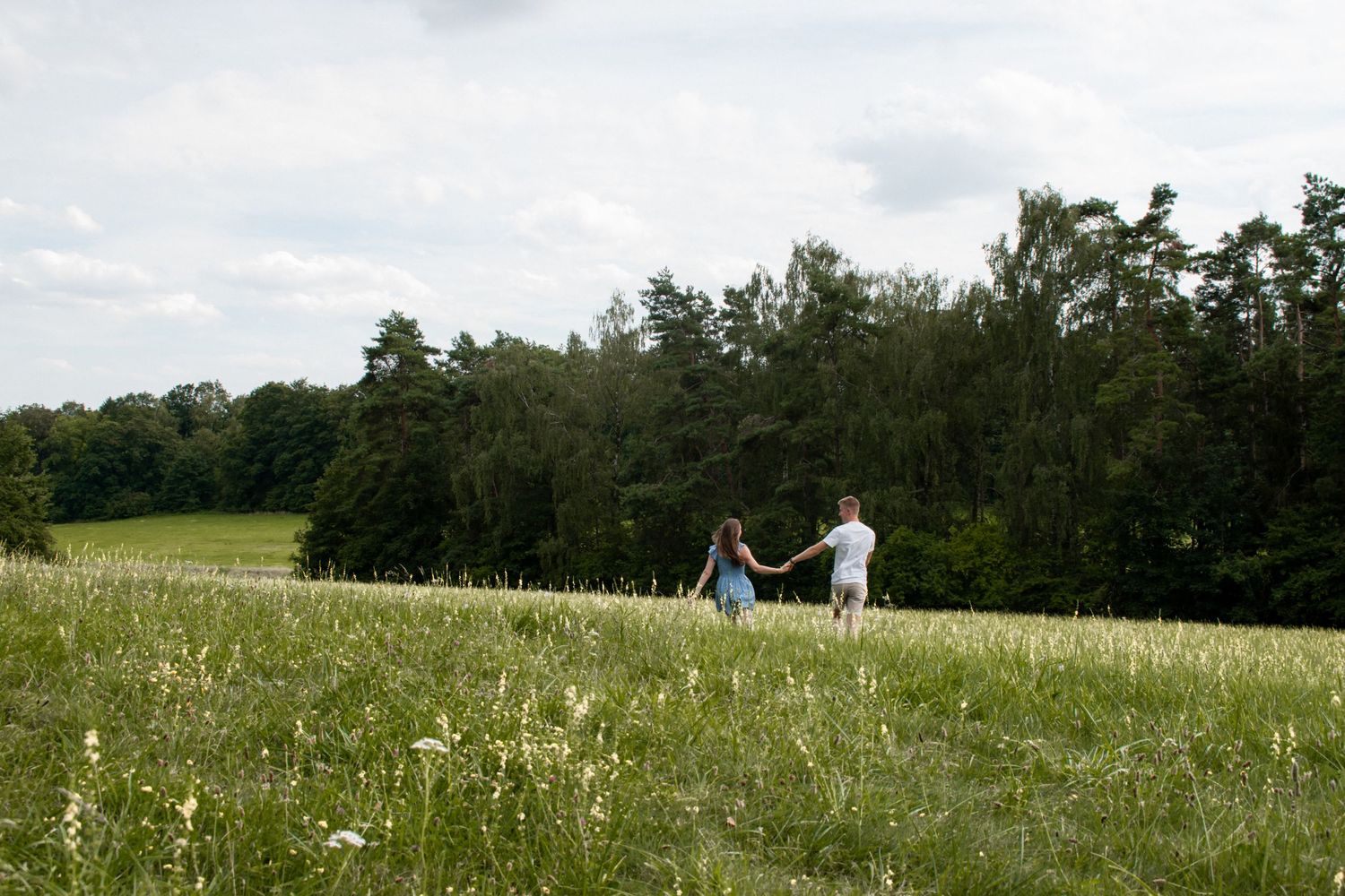 Two people holding hands while walking through a sunny meadow.