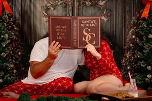 A series of Christmas-themed photos showing books, decorations, and cozy holiday scenes in warm red tones.