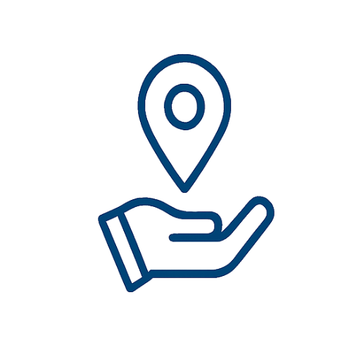 Blue outline icon of a hand holding a location pin representing local service availability.