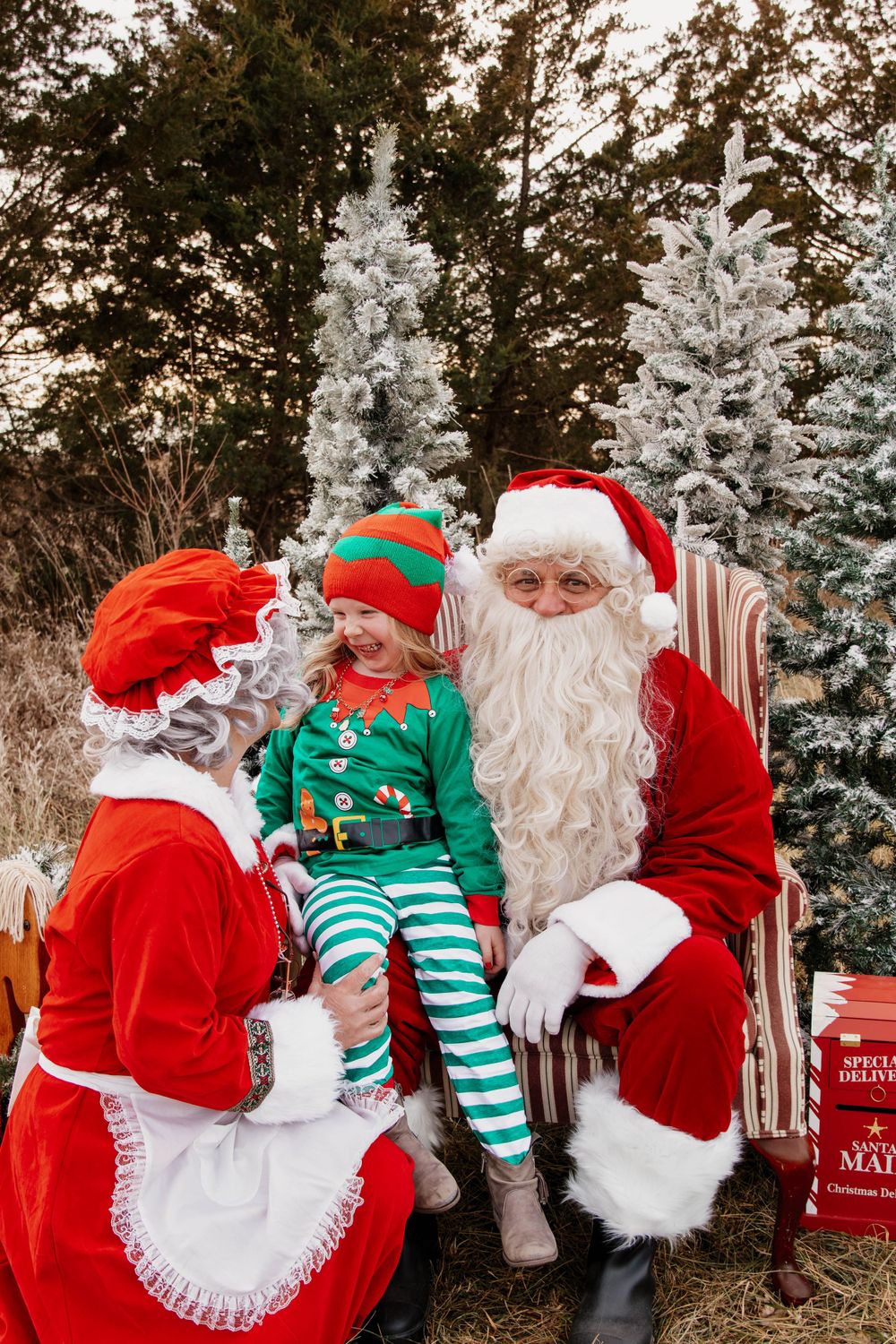 A heartwarming holiday scene with traditional costumes set among snow-flocked Christmas trees.