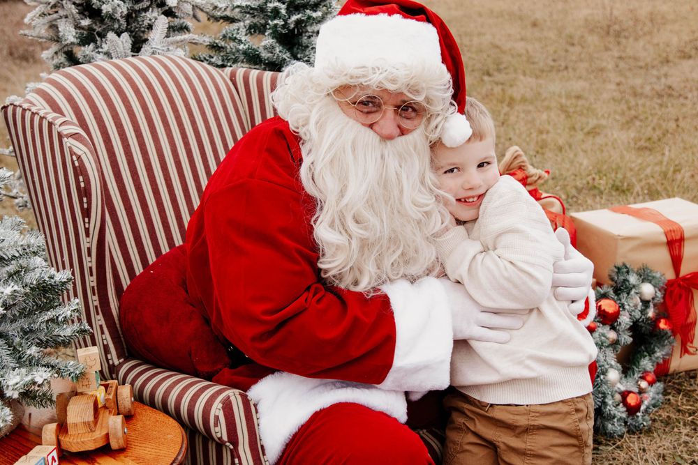 A heartwarming holiday moment set against frosted Christmas trees and festive decorations.