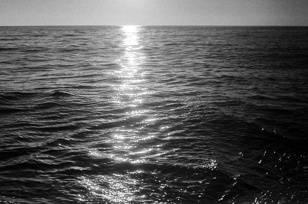 Sunlight creates a shimmering reflection path across dark rippling ocean waters in black and white.