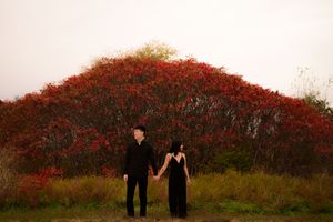 A couple walks hand in hand through a field with vibrant red bushes at sunset.
