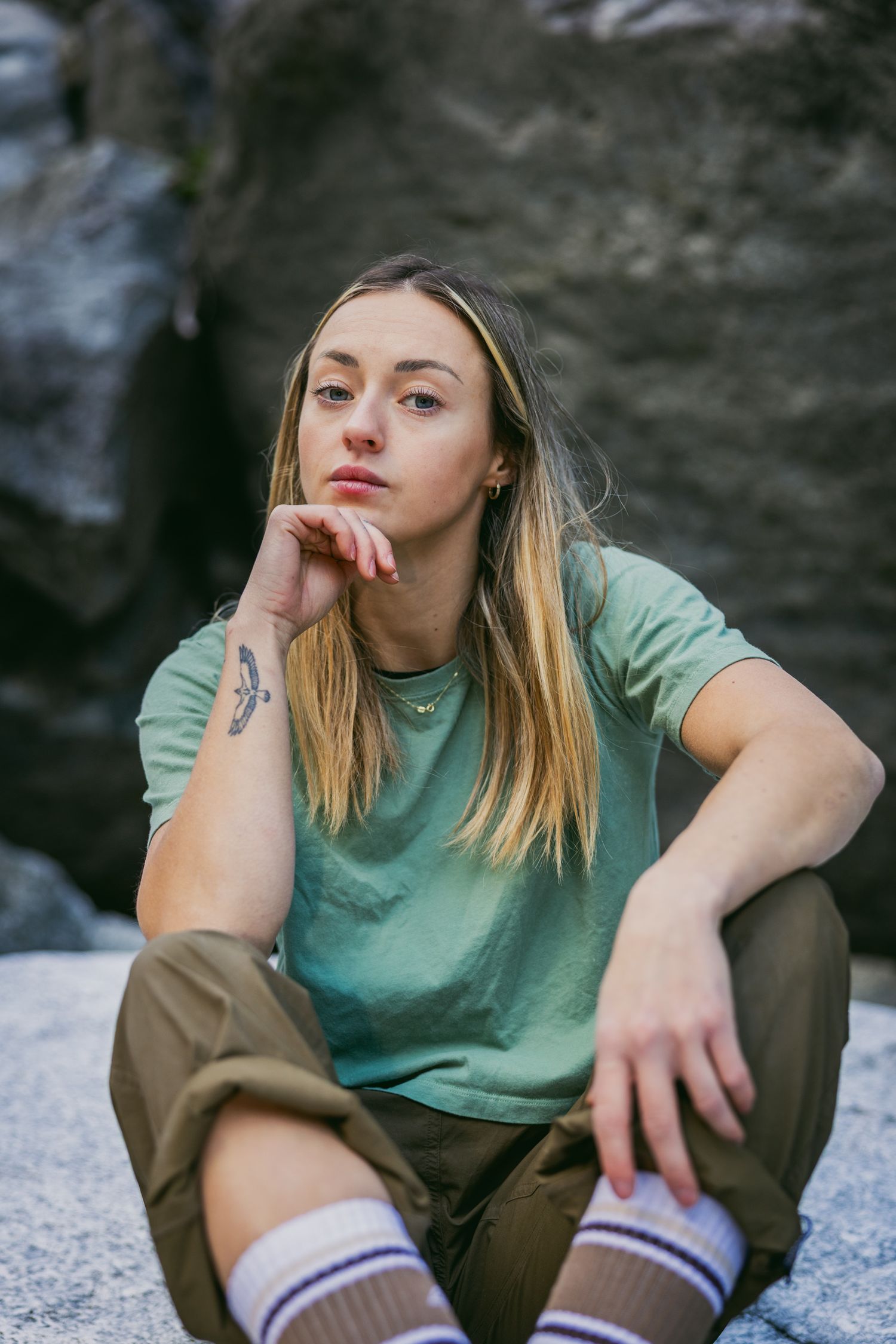 Czech climber Jana Svecova bouldering in Ticino, Switzerland - photo Jan Virt