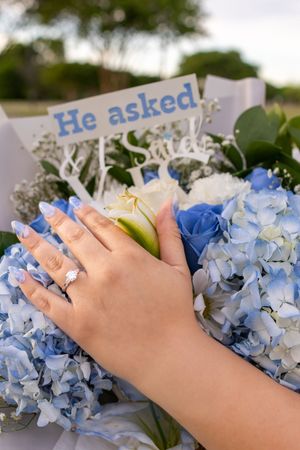 Hand with engagement ring on blue hydrangea bouquet with He Asked I Said Yes signs.