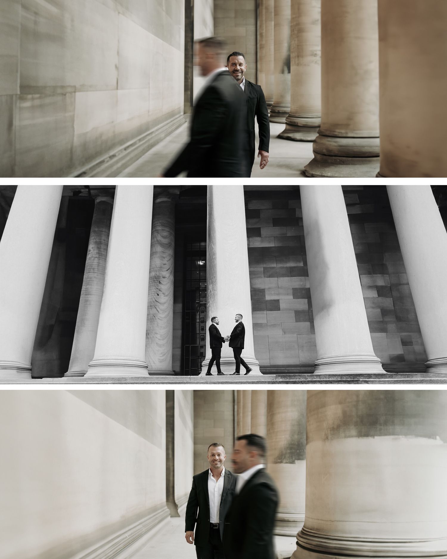 A triptych of black and white photographs showing interactions between two people among grand stone columns and architecture.