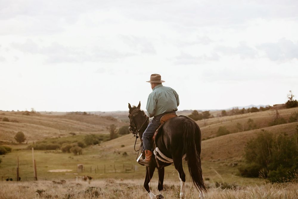 Horse riders traverse scenic mountain landscape with rolling hills in background.