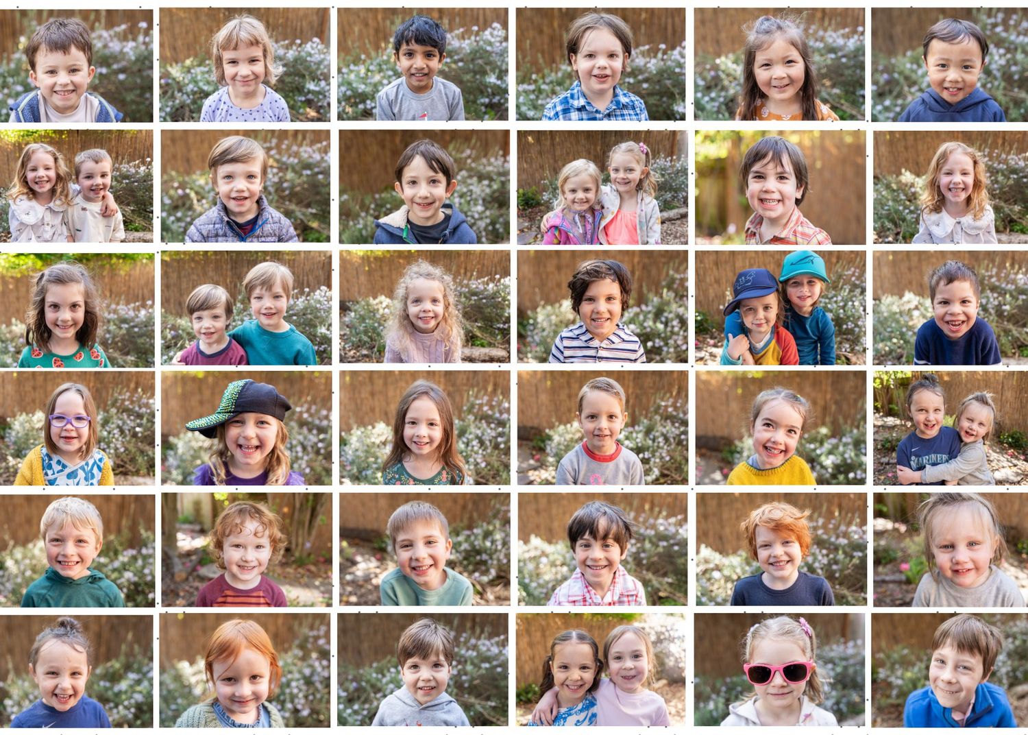 A photo collage grid showing multiple candid portraits of children in casual settings with various expressions and poses.