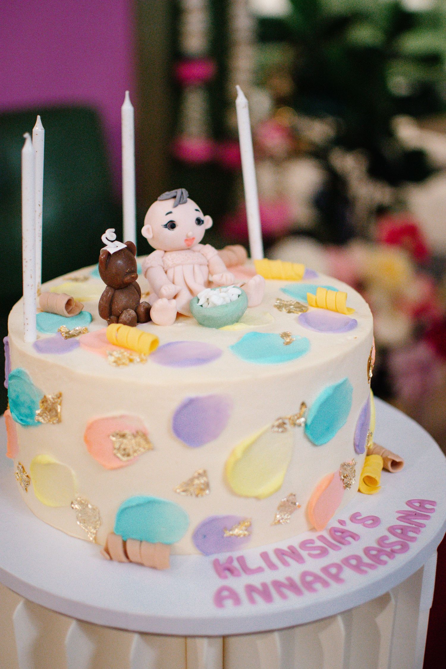 Adorable custom cake decorated for Annaprashana celebration at Visible Coffee Roasters.